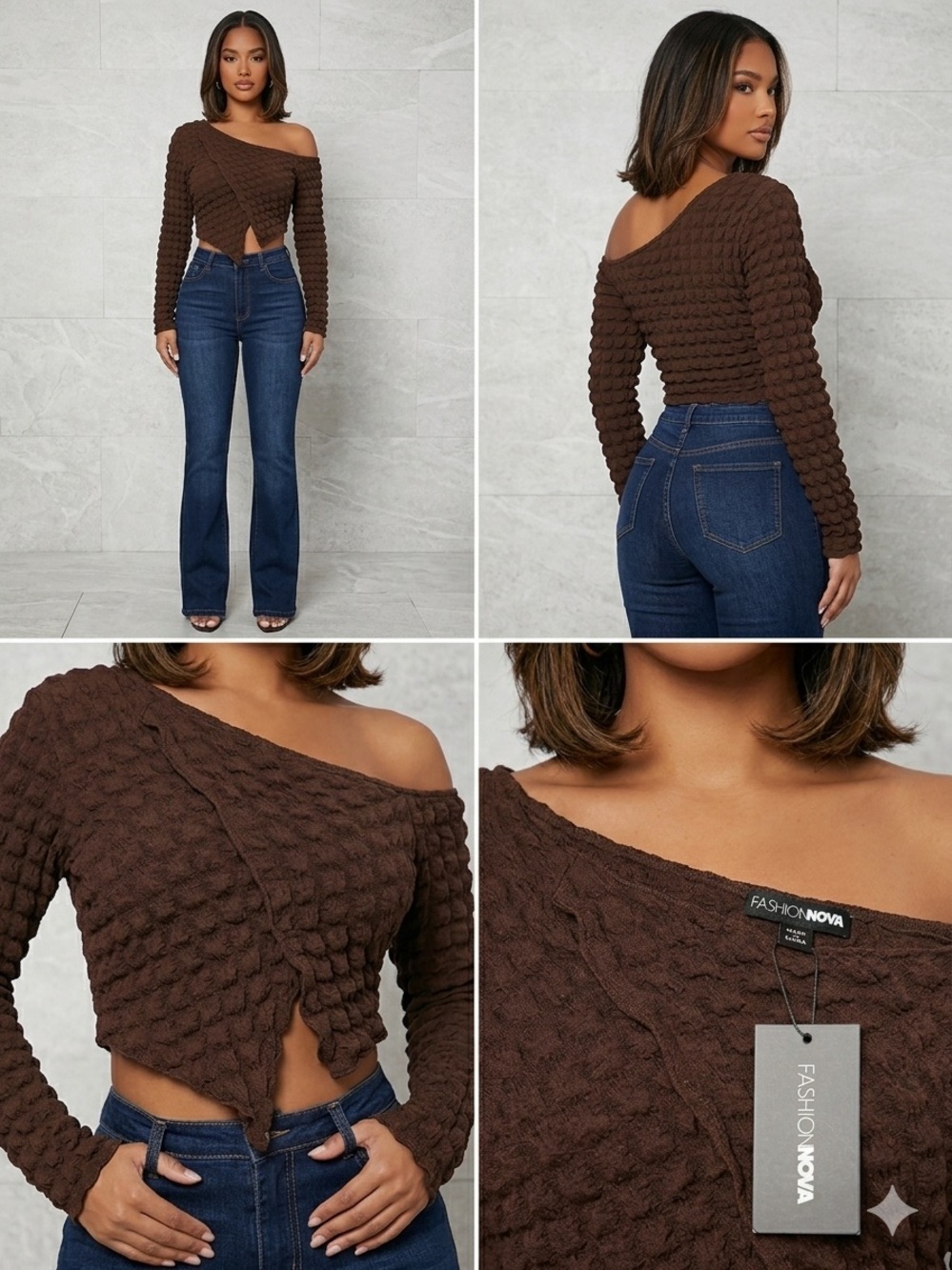 Fashion Nova Chocolate Brown Off-Shoulder Twist-Front Cropped Sweater